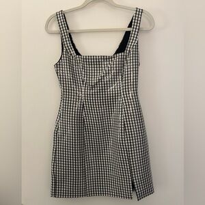 Black and White Houndstooth Square-Neck Mini Dress